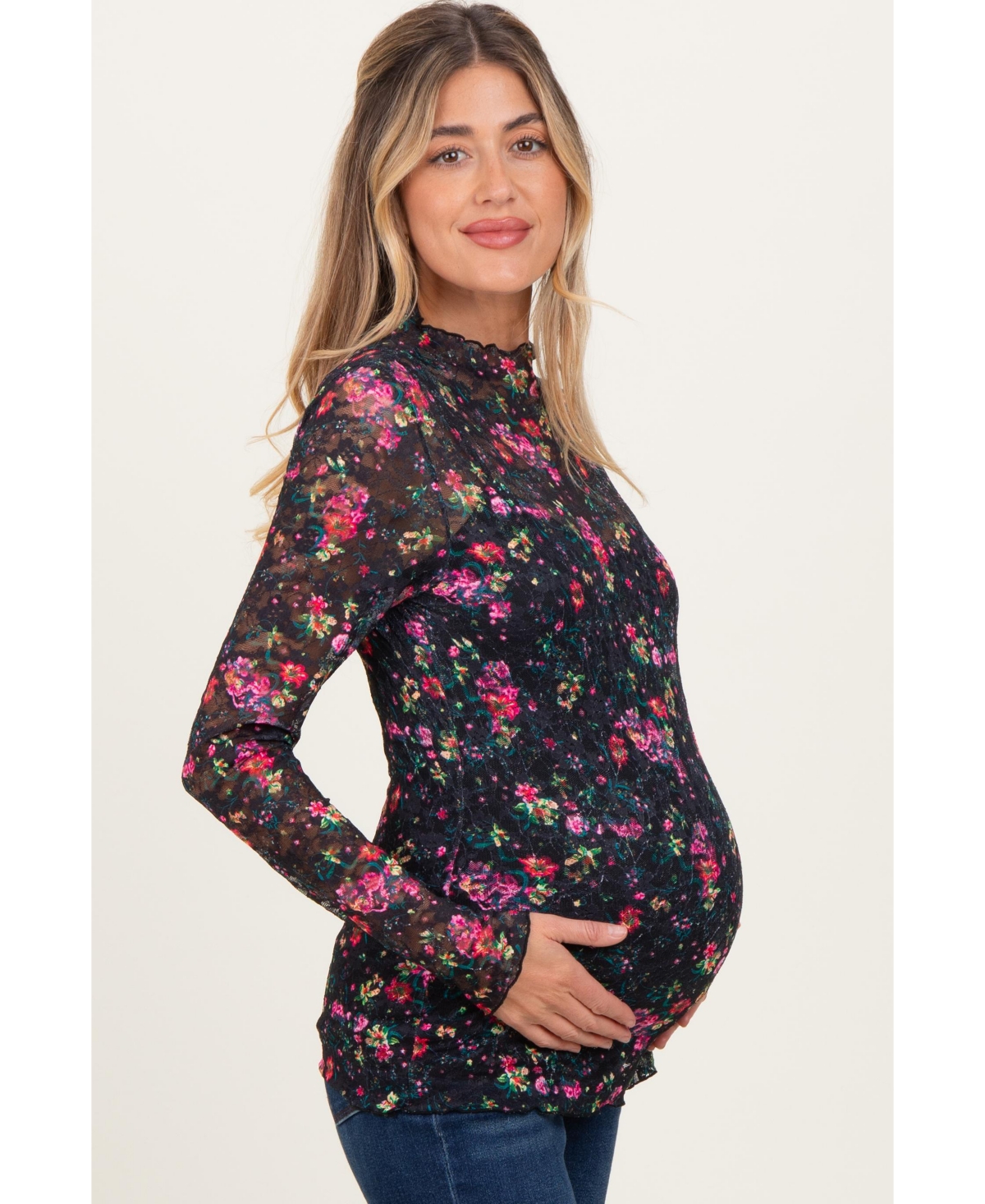 Pinkblush Maternity Black Floral Lace Long Sleeve Top