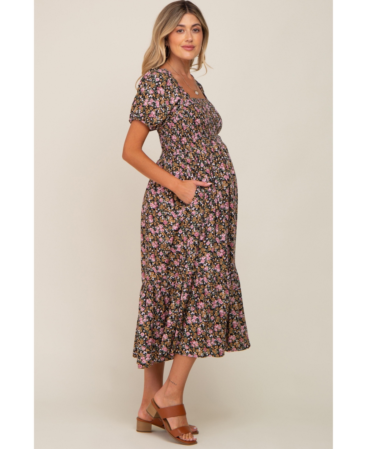 Pinkblush Maternity Taupe Floral Smocked Puff Sleeve Midi Dress