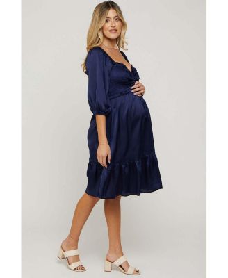 Maternity Navy Satin Smocked Ruffle Hem Dress