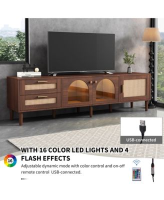 Rattan TV Stand with 3 Cabinets & 2 Drawers Media Console Table for TVs up to 80" with LED Light