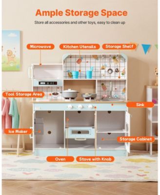 Wooden Play Kitchen for Kids, Toy Kitchen Set with Lights & Sounds, Ice Maker, Oven, Sink, Microwave, Fridge & Accessories