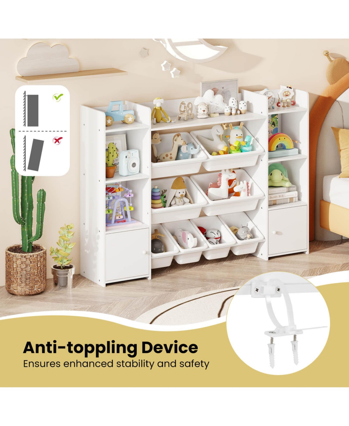 4-Tier Large Storage Cabinet with 6 Cubbies & 8 Removable Bins Bookshelf