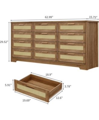 12-Drawer Rattan Bedroom Dresser, Modern Wood Storage Chest with Woven Panel Fronts for Nursery, Entryway, or Living Room, Natural