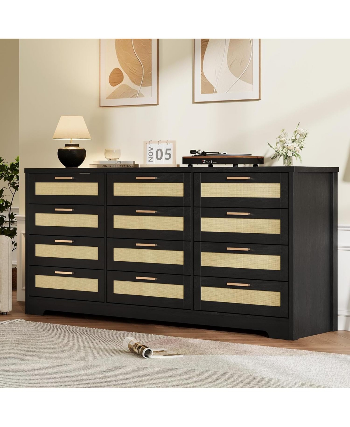 12-Drawer Rattan Bedroom Dresser, Modern Wood Storage Chest with Woven Panel Fronts for Nursery, Entryway, or Living Room, Natural