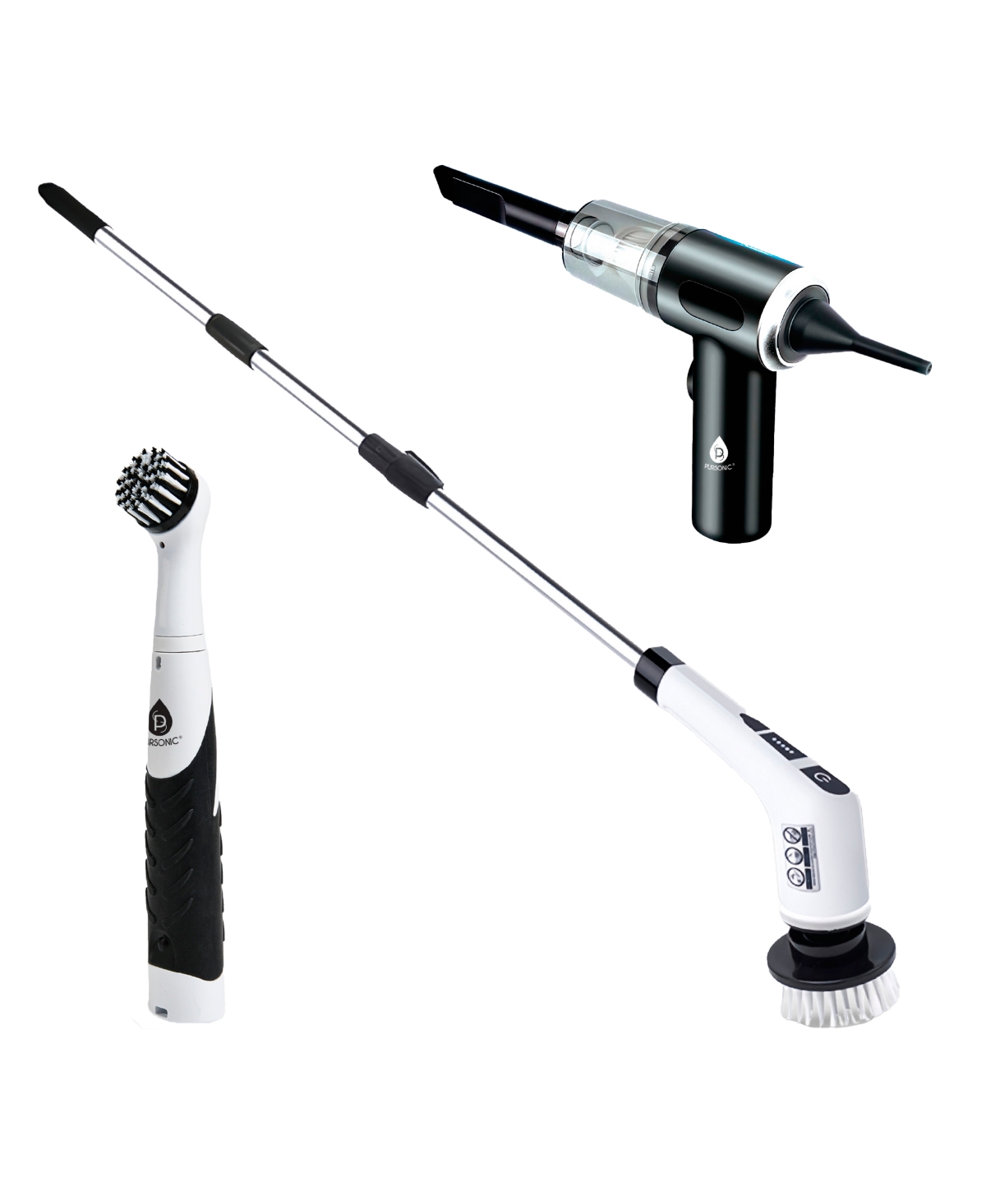 3-in-1 Cordless Rechargeable Cleaning Pursonic Bundle: Power Scrubber, Extended Brush & Mini Vacuum Duster for Home & Car.