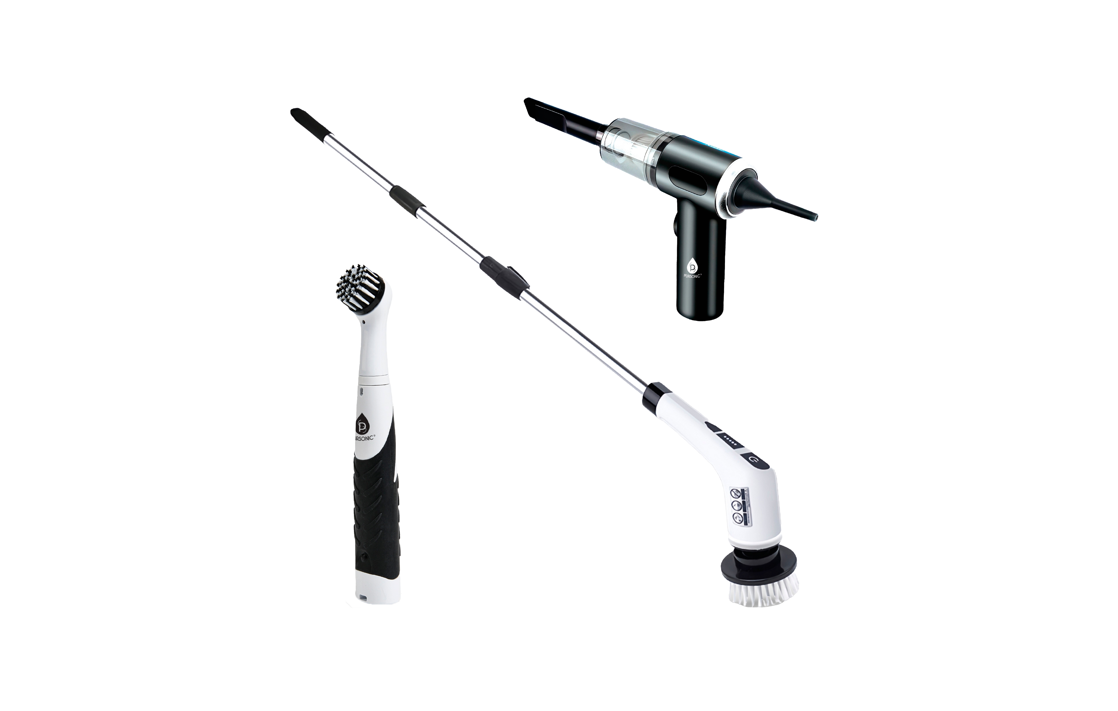 Pursonic 3-in-1 Cordless Rechargeable Cleaning Pursonic Bundle: Power Scrubber, Extended Brush & Mini Vacuum Duster for Home & Car.