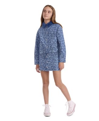 Girls' 7-16 Leopard Denim Button Front Skirt
