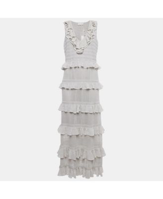 Women's Silver Lurex Knit Tiered Frill Midi Dress