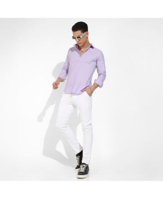 Men's Lavender Self-Design Striped Shirt