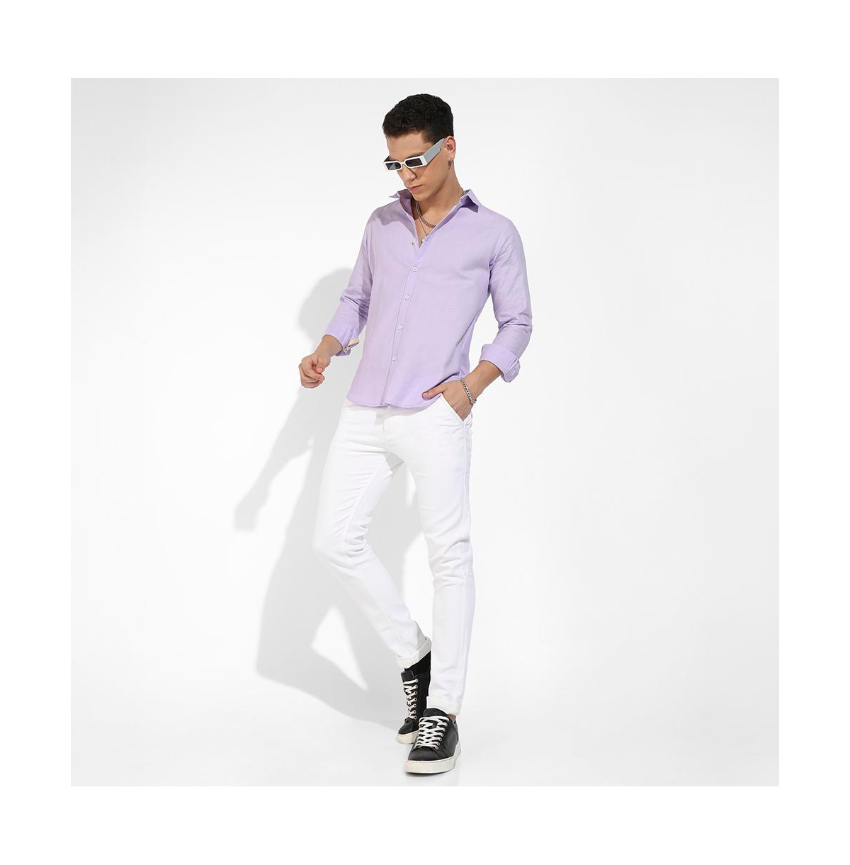 Campus Sutra Men's Lavender Self-Design Striped Shirt