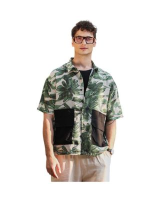 Men's Jungle Green & Ivory White Flora-Stroke Oversized Shirt