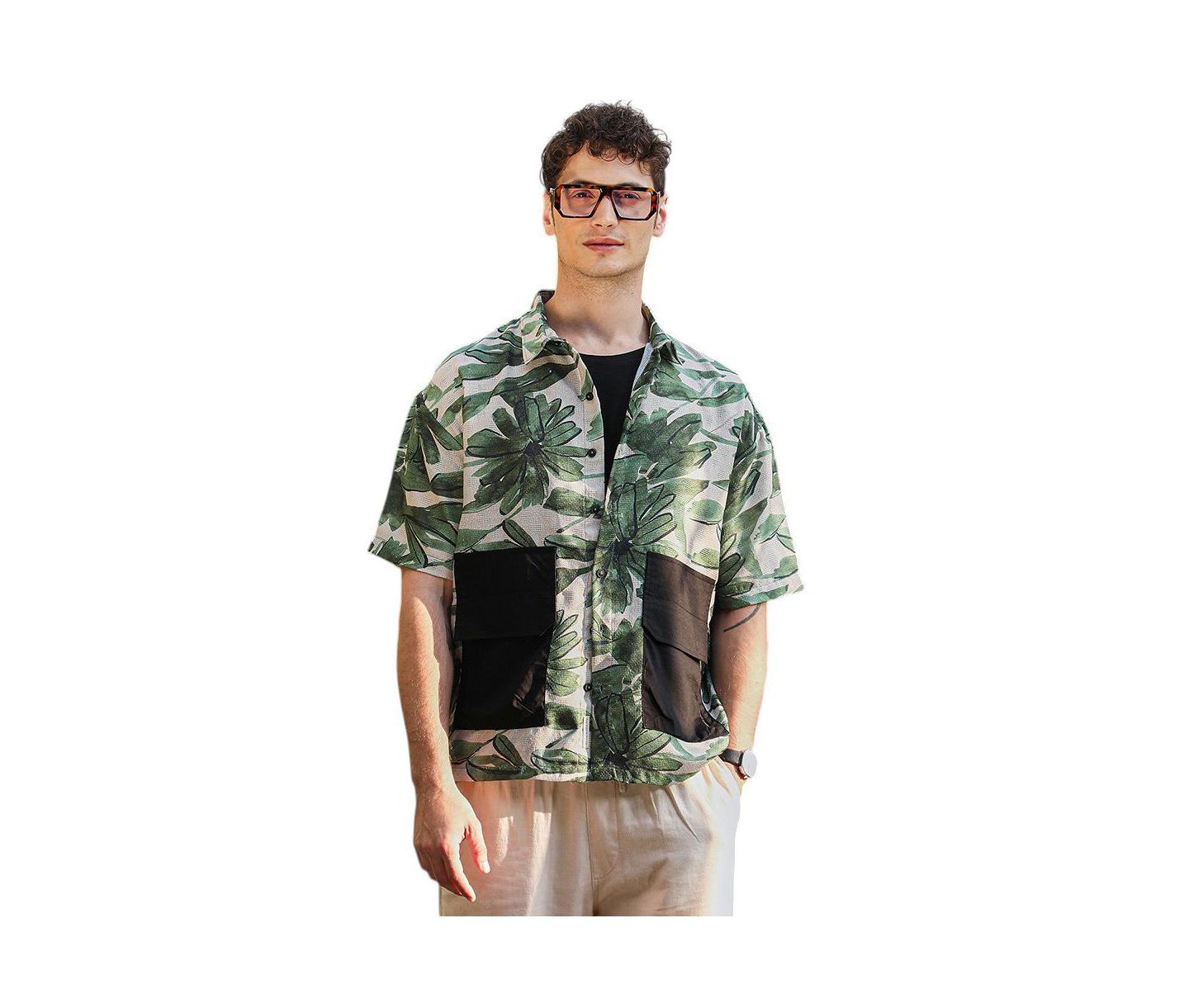 Мужская рубашка Cahoot Campus Sutra Jungle Green & Ivory White Flora-Stroke Oversized, цвет: Белый — фото 1