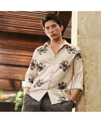 Men's Ecru Beige & Midnight Black Withering Flora Imprint Shirt