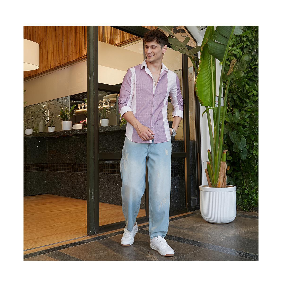 Campus Sutra Men's Mauve Purple & Daisy White Panel-Tactile Shirt