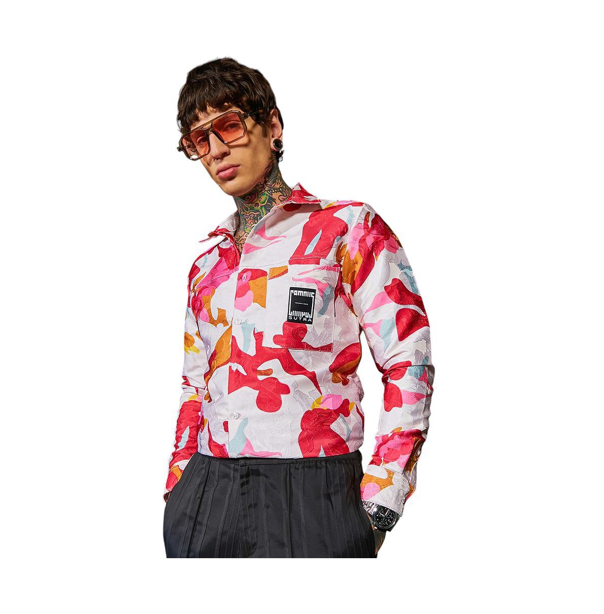 Campus Sutra Men's Cream White & Scarlet Red Floral-Tactile Relaxed Shirt