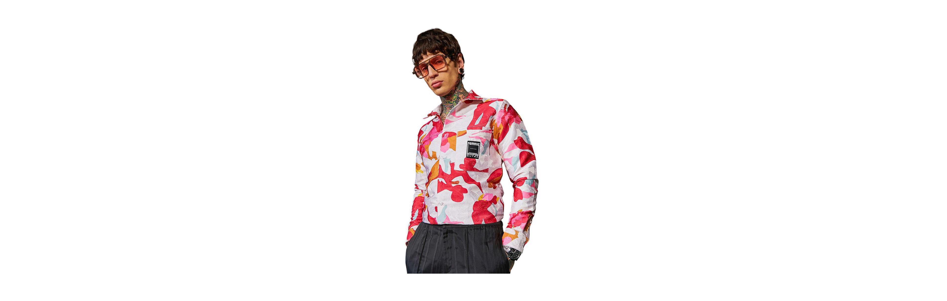 Campus Sutra Men's Cream White & Scarlet Red Floral-Tactile Relaxed Shirt