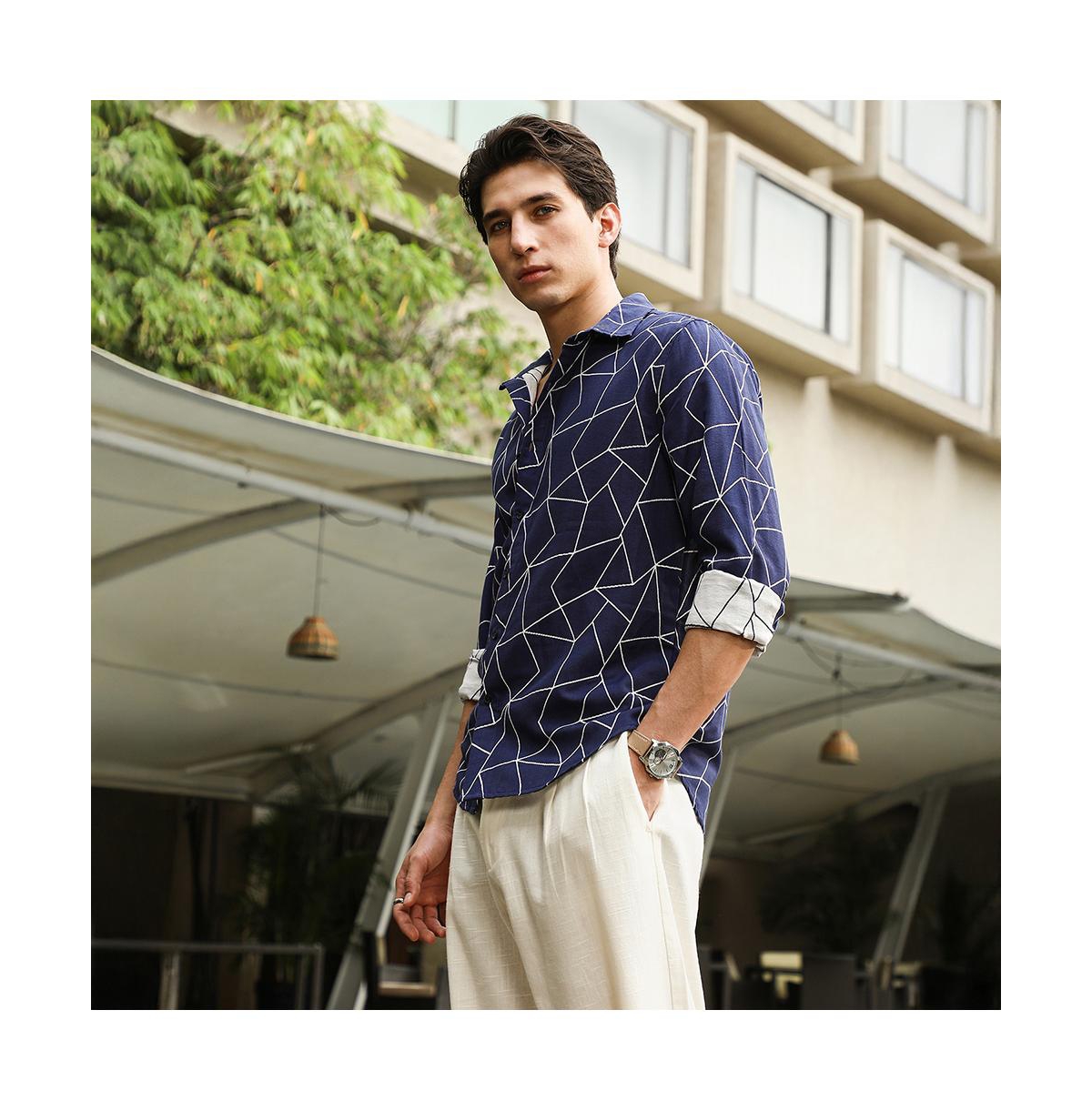 Campus Sutra Men's Indigo Blue Mosaic-Jacquard Shirt