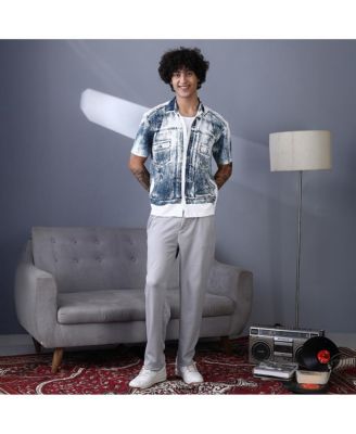 Men's Navy Blue Denim-Imprint Relaxed Shirt