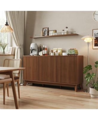 58" Modern Farmhouse Buffet Cabinet with Curved Doors & Adjustable Shelves - Wood Storage Sideboard for Dining Room, Walnut Wood Color