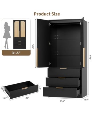 Armoire Wardrobe Closet, 69.5" Wooden Wardrobe Cabinet with 3 Drawers, Hanging Rod, 2 Doors Clothing Storage Cabinet