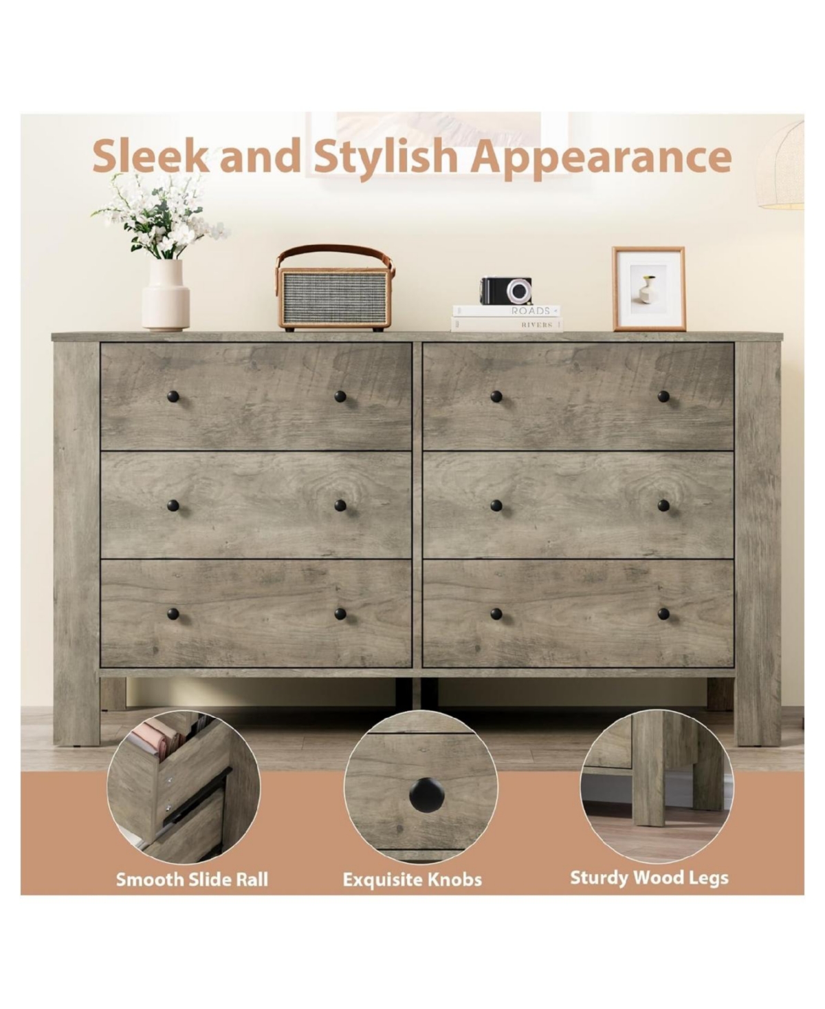 Gaomon 6 Drawer Dresser for Bedroom, Modern Wide Dresser Organizer with Storage Drawers