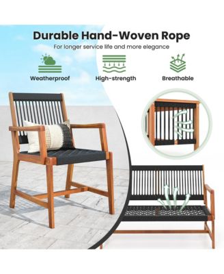 Patio 4pcs Acacia Wood Conversation Table & Chair Set Hand-Woven Rope Outdoor