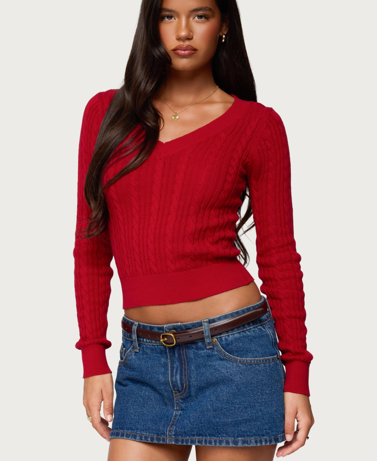 Edikted Women's Ashlee V Neck Cable Knit Top