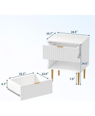 2pcs Modern Nightstand with 2 Drawers, Golden and Wood Fluted Night Stand with Charging Station, Bedside Table with USB Ports and Outlets.