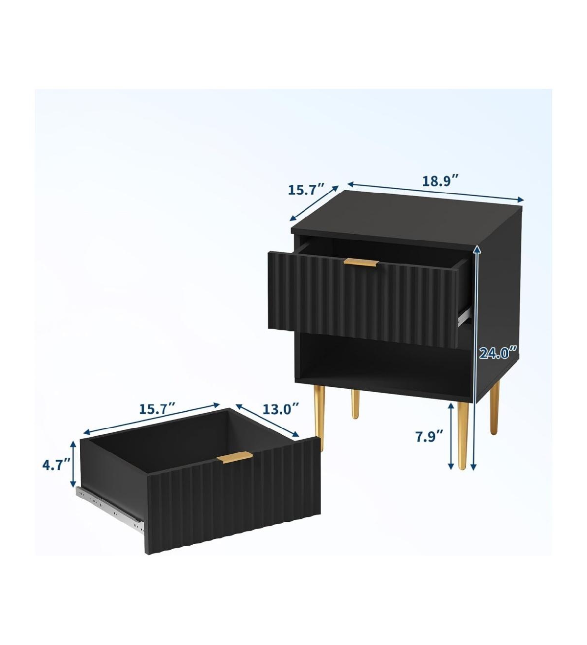 gaomon 2pcs Modern Nightstand with 2 Drawers, Golden and Wood Fluted Night Stand Charging Station, Bedside Table Usb Ports Outlets.
