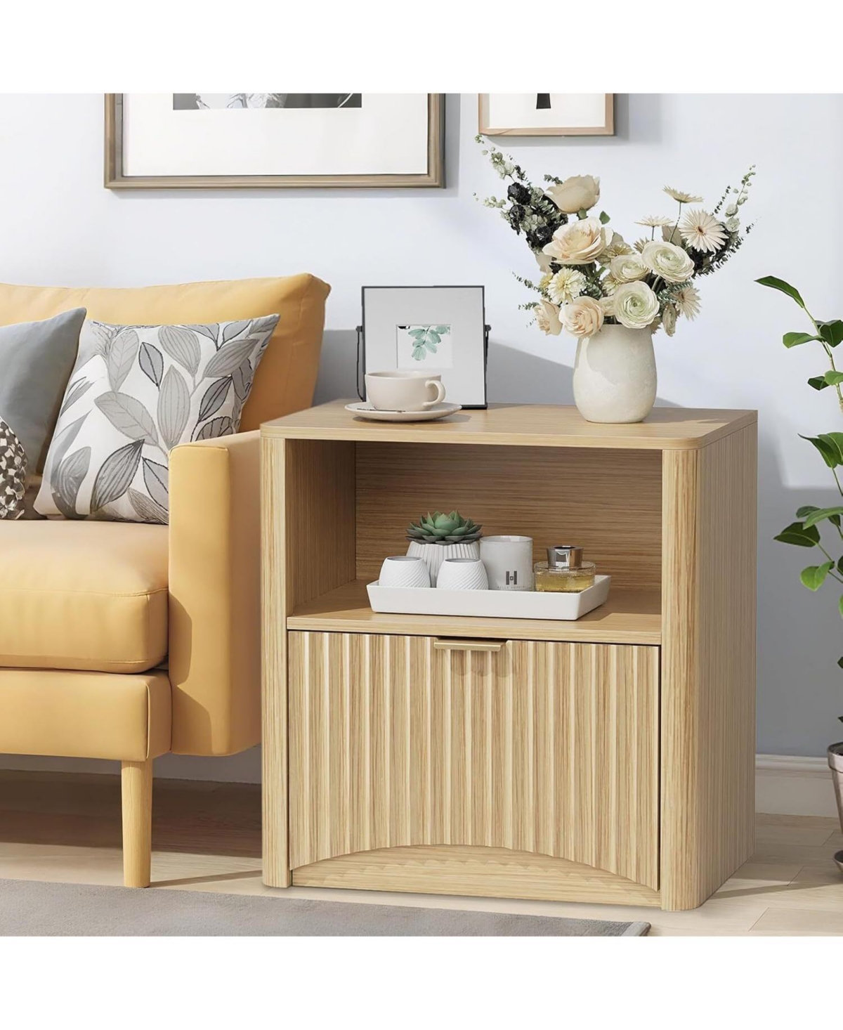 Gaomon 2pcs Nightstands, Fluted Nightstand with Drawer and Storage, End Table Mid Century Modern, Wooden Nightstand for Bedroom Sofa Office,Oak