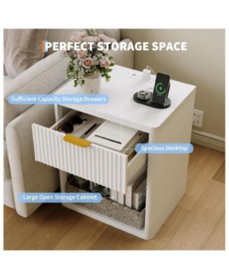Fluted Nightstand with Charging Station, Bedside Table with Drawers and Open Storage Space, Mid Century Modern End Table