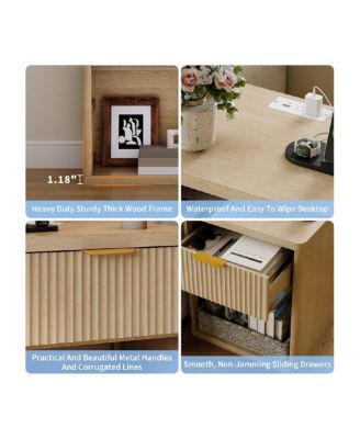 Fluted Nightstand with Charging Station, Bedside Table with Drawers and Open Storage Space, Mid Century Modern End Table