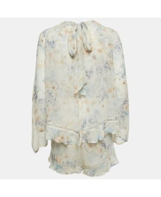 Women's Cream Floral Print Silk Ruffled Playsuit