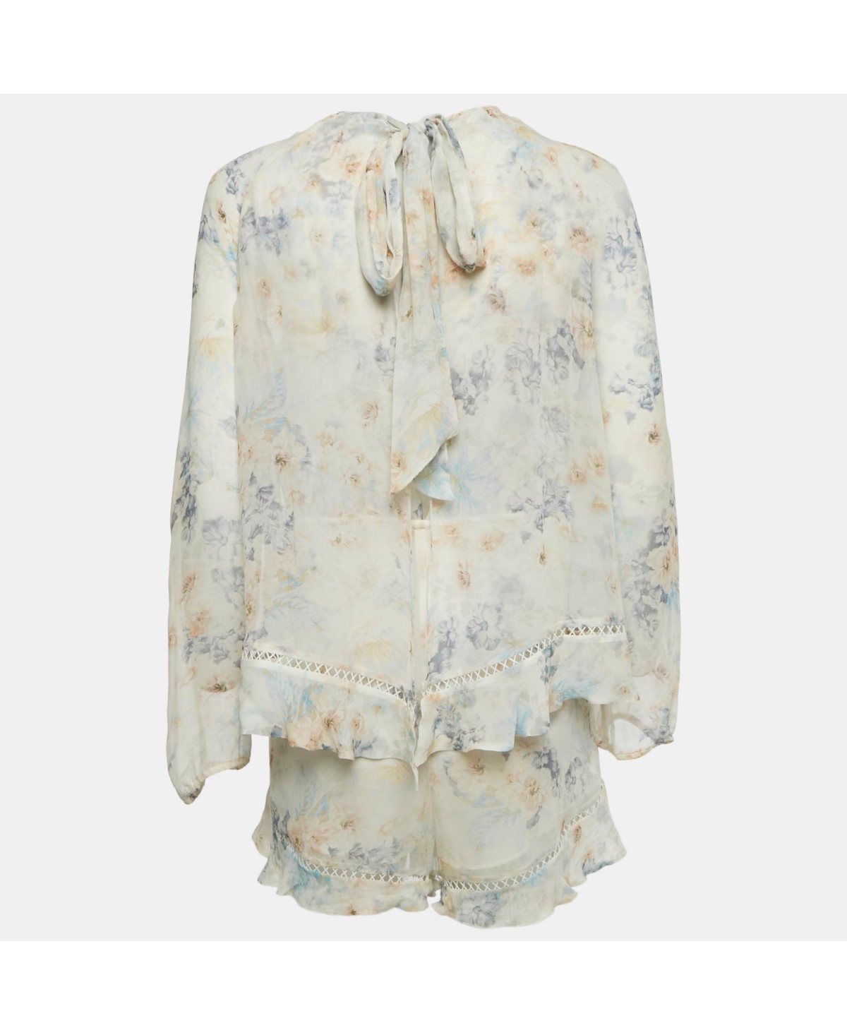 Pre-Owned Zimmermann Women's Cream Floral Print Silk Ruffled Playsuit