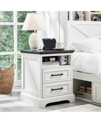 18" Farmhouse Nightstand Set of 2 with Charging Station,End Table with 2 Drawers Storage,Side Table,Bedside Cabinet, White