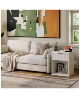 Set of 2 Charging Station, Drawers and Open Storage Space, Natural Color Fluted Nightstand Bedside Table