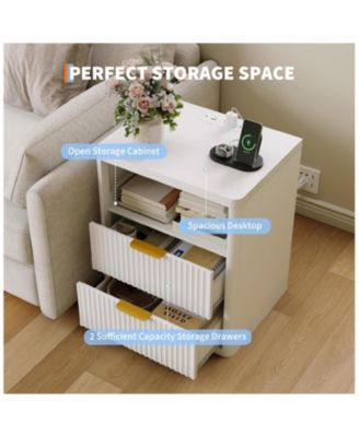Fluted Nightstand with Charging Station, Bedside Table with 2 Drawers and Open Storage Space, Mid Century Modern End Table, 1pcs