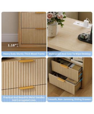 Fluted Nightstand with Charging Station, Bedside Table with 2 Drawers and Open Storage Space, Mid Century Modern End Table, 1pcs