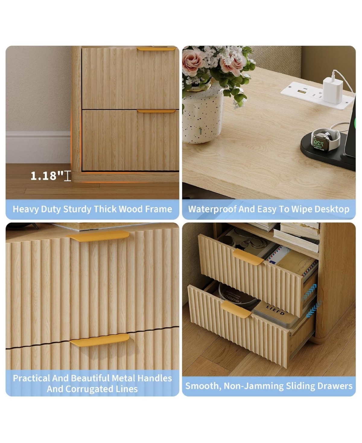 gaomon Fluted Nightstand with Charging Station, Bedside Table 2 Drawers and Open Storage Space, Mid Century Modern End Table, 1pcs