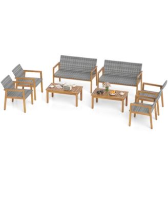 8 Pieces Outdoor Furniture Set, Acacia Wood Frame Sofa Set with Rattan Seat