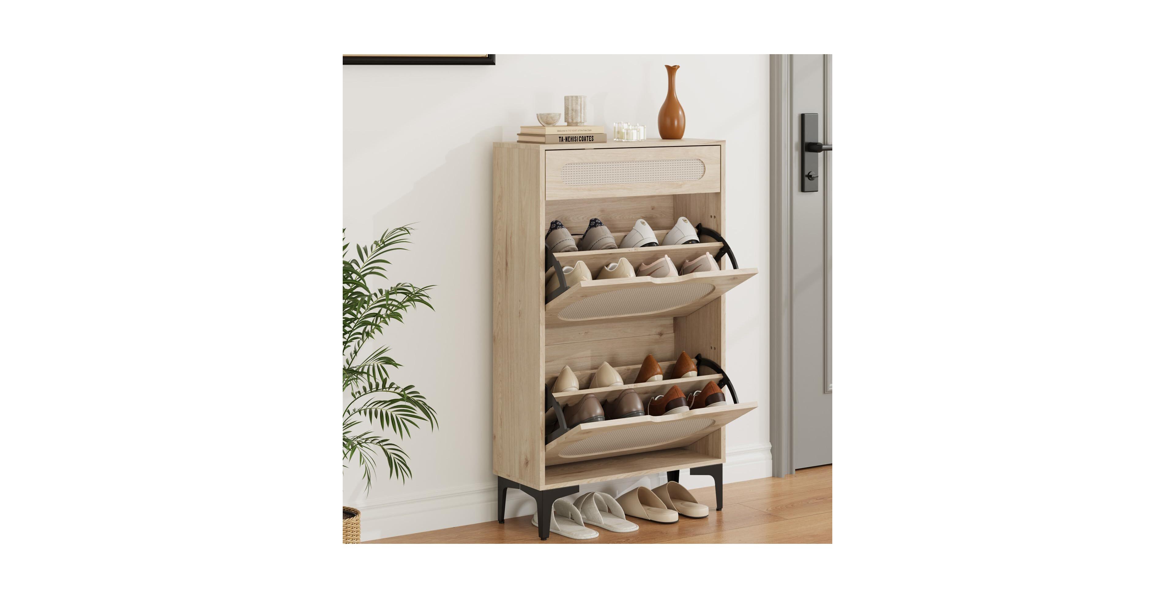 gaomon Shoe Cabinet, Rattan Shoe Storage With 2 Flip Drawer and 1 Pull-Out Drawer, Heavy Duty Metal Leg,Entryway Shoe Organizers