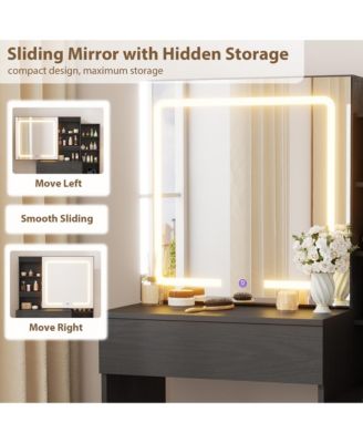 Vanity Desk with Sliding Mirror and Lights, Modern Makeup Vanity Table with 4 Drawers and 7 Storage Shelves