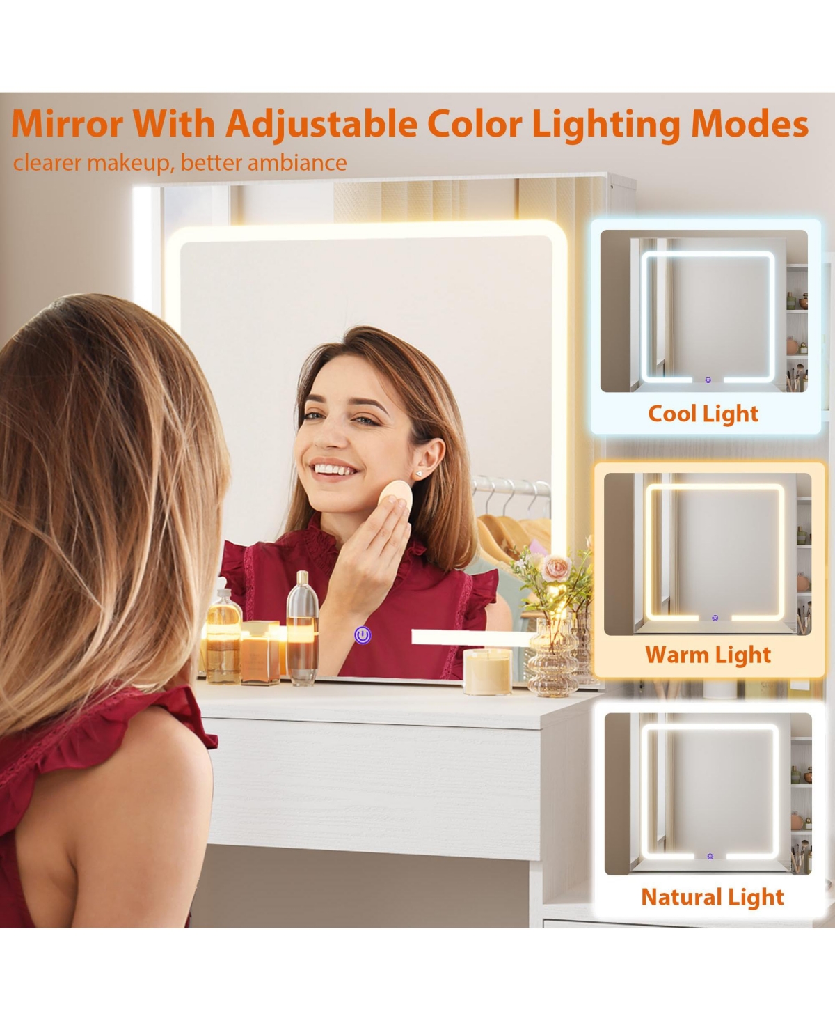 gaomon Vanity Desk with Sliding Mirror and Lights, Modern Makeup Table 4 Drawers 7 Storage Shelves