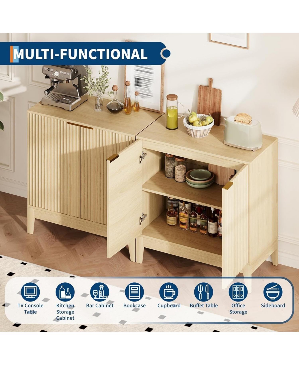 gaomon 31.5" Fluted Storage Cabinet with Gold Handles, Adjustable Shelf, Oak Finish Credenza for Dining Room & Home Organization