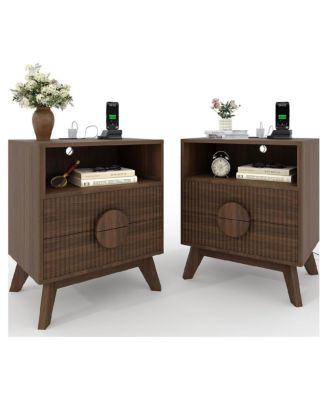 2pcs Modern Fluted Night Stand, Bedroom Nightstand with USB Charging Station, Wood Fluted Bedside Table with 2 Drawers