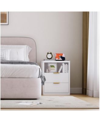 Fluted Nightstand Set of 2, Bedside Table Built-in Charging Station, Featuring 2 Drawer & Open Storage Space, Mid Century Modern Night Stand