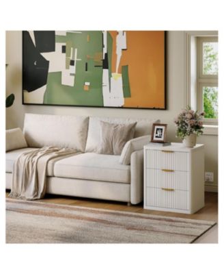 Fluted Nightstand with Charging Station, Bedside Table with 3 Drawers and Open Storage Space, Mid Century Modern End Table,