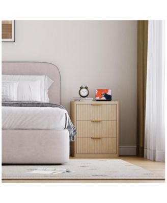 Fluted Nightstand with Charging Station, Bedside Table with 3 Drawers and Open Storage Space, Mid Century Modern End Table,