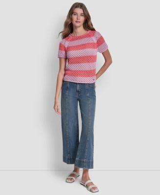 Women's Short-Sleeve Raglan Stripe Pointelle Pull-On Sweater