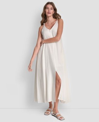 DKNY Jeans Women's Linen-Blend Knotted Strap V-Neck A-Line Dress